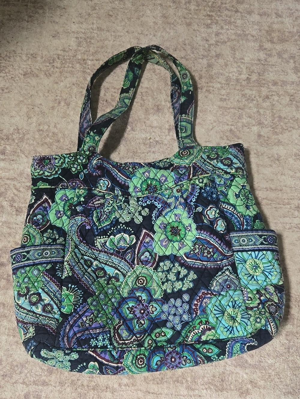 Quilted Floral Tote Bag in Green & Blue